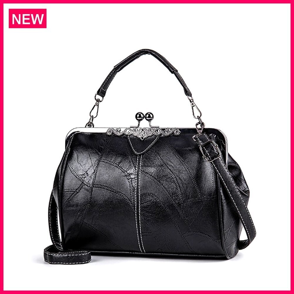 Vintage Leather Shoulder Crossbody Bag with Kiss Lock Closure